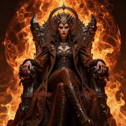 evil steampunk pyromancer woman, beautiful detailed face, ornamental halo, black shirt, brown body, longcoat, intricate robes, sitting on obsidian throne, fractal fire background, sharp focus, highly detailed, cinematic lighting, studio quality, chiaroscuro, smooth render, unreal engine 5 rendered, octane, rendered, by artgerm, greg rutkowski, alphonse mucha