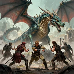 a group on adventures fighting a mighty dragon, by Jeff Easley