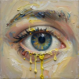 palette knife painting of a close up of athree - dimensional thick impasto oil painting / sculpture in the shape of a beautiful eye, lots of thick encrusted paint, lots and lots of wax - like lines of dripping oil paint cover nearly everything, painted by jackson pollack and frank auerbach, background thick encrusted paint, very limited colour palette