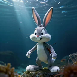 under water bugs bunny, water light scattering, underwater photography, high details, 8 k, realistic shot, cinematic lighting