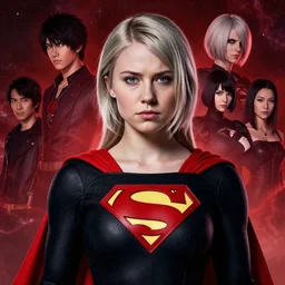 highly detailed portrait of greta thunberg as supergirl, by Dustin Nguyen, Akihiko Yoshida, Greg Tocchini, Greg Rutkowski, Cliff Chiang, 4k resolution, nier:automata inspired, bravely default inspired, vibrant but dreary red, black and white color scheme!!! ((Space nebula background))