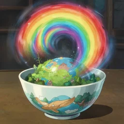 a rainbow whirlwind coming from inside a bowl and extracting another world, style studio ghibli, wlop