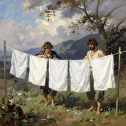 painting by sargent and leyendecker and greg hildebrandt savrasov levitan clean white washing blowing in the wind on a washing line