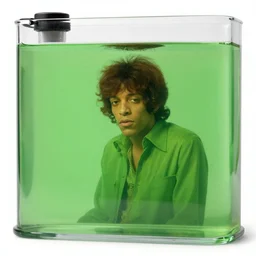 A huge glass tank, full of greenish liquid, and inside Jimmy Hendrix, Real Engine 5 Cinematic, 3D, PBR, path tracing, volumetric lighting, octane render, Arnold Render, 8k