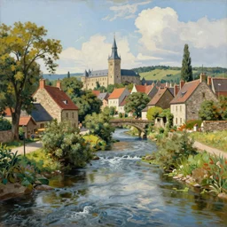 a river running through a medieval village, summer, vibrant colors, classic painting, award winning, extremely detailed