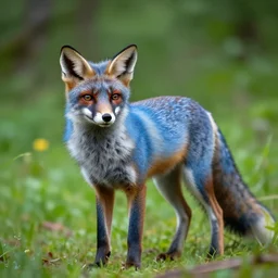 A blue Fox in a lush forest, 8k, hyper realistic, high detail nature photography, beautiful lighting