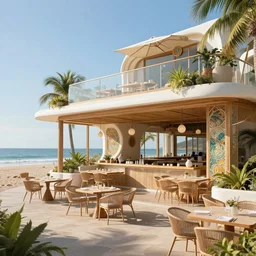beautiful modern restaurant in beach with high detail, architecture, 8 k, stunning detail, works by artgerm, greg rutkowski and alphonse mucha, unreal engine 5, 4 k, 8 k, uhd