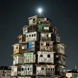 close - up towers made up of makeshift squatter shacks, night time, flash light, over - exposed, mamiya, f 1. 7, photographed by uta barth