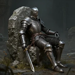 dark souls style knight resting on a stone