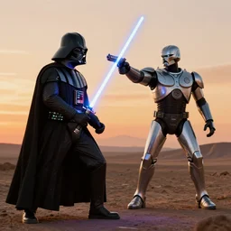 darth vader wielding his light saber against robocop who is pointing a gun at him, against a barren landscape at sunset, warm, fine detail, epic composition, unreal engine.