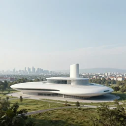 a sci - fi building in a stunning landscape with a city in the distance by alvar aalto and mies van der rohe