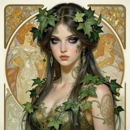a beautiful painting of poison ivy as a cyberpunk time traveler, dark eyeliner, intricate, elegant, highly detailed, digital painting, artstation, concept art, matte, sharp focus, illustration, art by rebecca guay and by arthur rackham and by alphonse mucha and by john william waterhouse