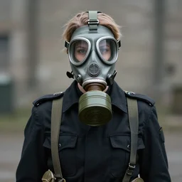 british sas female operative with the standard s 1 0 gas mask and the black uniform, 8 0 s, artstation, trending on artstation, establishing shot, by simon stalenhag