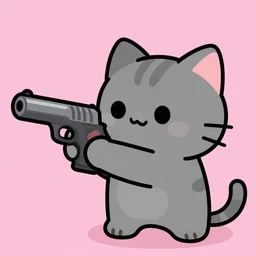 cute grey cat shooting pistol, comic style, video game, apex legends, pink background