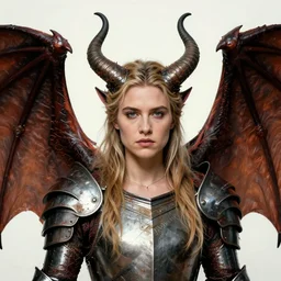 head and shoulders portrait of an armored erinyes devil with huge bat wings, portrayed by florence pugh, d & d, fantasy, luis royo, magali villeneuve, donato giancola, wlop, krenz cushart, hans zatka, klimt, alphonse mucha