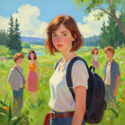 a beautiful scenic painting of a beautiful young woman that looks like tracer by artgerm and wlop and wes anderson and spike jonze