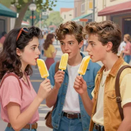 a painting of three male teenagers with rockabilly haircuts holding yellow ice pops and looking at women in the streets high details by ross tran