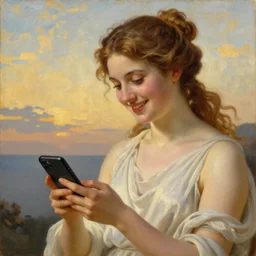 Painting of Aphrodite smiling at a text she just received on her smartphone. Art by william adolphe bouguereau. During golden hour. Extremely detailed. Beautiful. 4K. Award winning
