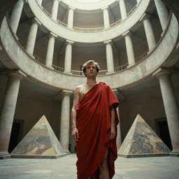 1 9 7 0 s andrei tarkovsky movie still of a man in red drapery in a spiral building with columns and esoterical pyramids, by piranesi, panoramic, ultra wide lens, cinematic light, anamorphic