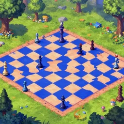 a whimsical chessboard themed landscape covered with a indigo and peach checkered pattern, at midday, from a fantasy point and click 2 d graphic adventure game, art inspired by john shroades and william d. skirvin, king's quest, sierra entertainment games