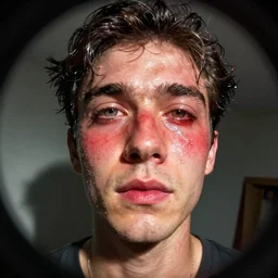 fish eye selfie of a sweaty man with a red face and bloodshot eyes