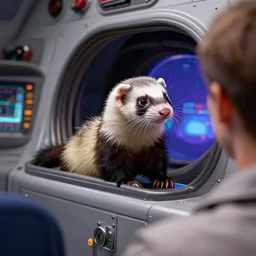 A space ferret riding inside of a spaceship, medium shot, over-the-shoulder shot, 4800k, Anaglyph, professional photography