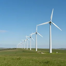 A long line of wind turbines from the foreground into the background and horizon, on a grassy hill on the countryside, mid-day, blue sky with minimal clouds, realistic, 4k resolution, 8k resolution, HD Quality, highly detailed, very detailed, detailed, digital art, trending on artstation, in the style of Jamie Hewlett