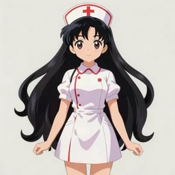 anime style, vivid, expressive, full body, 4 k, painting, a cute magical girl with a long wavy black hair wearing a nurse outfit, stunning, realistic light and shadow effects, centered, simple background, studio ghibly makoto shinkai yuji yamaguchi