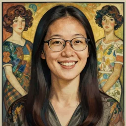 portrait of a chinese woman, straight hair, chinese, laugh lines, glasses, wide shot, digital art, alphonse mucha, loish, art nouveau, 8 k, trending on artstation