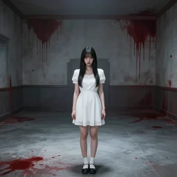 a screenshot from a playable teaser showing a pretty young woman wearing a white dress standing in a vast room with blood on the walls, something sinister is happening behind her