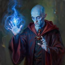 a portrait of a wizard young bald with no beard with blue skin with the nose of Voldemort, casting a powerful spell, painted by Greg Rutkowski, trending on ArtStation