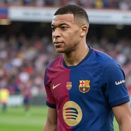 Kylian Mbappé playing for FC Barcelona very detailed cinematic hyperrealistic 4k
