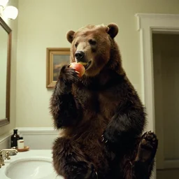 a picture of a bear being held in a bathroom by donald trump that is also eating an apple at mar a lago : : scene from the fugitive : : film grain