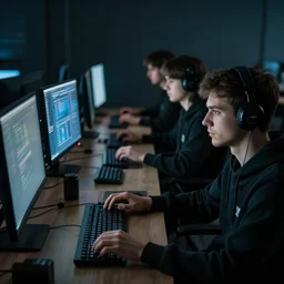 detailed realistic photo of a group of hackers working, dimly lit room, computer screens, dramatic dim lighting, coherent composition