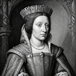 a black and white painting of a 14th century Queen, high detailed, high quality, medieval