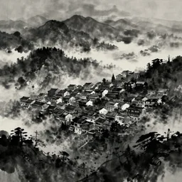 a city built into the mountains, foggy, dark, mysterious, inkwash painting,