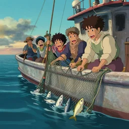 fishermen catching fish in a net in their ship at sea and reacting to the fish caught, fishing boat, studio Ghibli, Pixar and Disney animation, sharp, Rendered Unreal Engine 5, film key art, Greg Rutkowski, Bloom, dramatic lighting