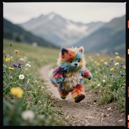 kodak portra 4 0 0, wetplate, muted colours, blueberry, action photography, 1 9 2 0 s, long shot, macro photo of a colourful short cute furry monster running very fast across a trampled path near by beautiful flower meadow in the alps, mountain panorama, motion blur, tiny gaussian blur, depth of field