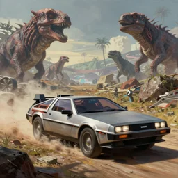 an epic comic book style painting of the delorean from back to the future in prehistoric times, cinema 4 d, trending on artstation, dynamic lighting