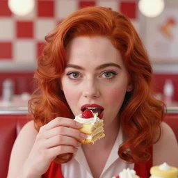 closeup face portrait of a tin toy redhead emma stone eating cakes in a 1 9 5 0 s diner, by nicoletta ceccoli, mark ryden, lostfish, max fleischer, depth of field, detailed and intricate red square environment, 8 k resolution, hyperrealistic, octane render