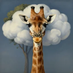 portrait of a giraffe half tree with clouds in front of its face, surreal painting by rene magritte