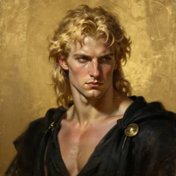 painted portrait of ruggedly handsome lucifer by gaston bussiere greg rutkowski, greek god [ blonde hair ] focused on face, muscular physique masculine manly young, black clothes fantasy intricate elegant detailed digital painting concept art artstation sharp focus illustration gold paint