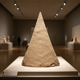 single clay museum sculpture, pedestal, pyramidal symbolic representation, in a large hall, ambient lighting, museum catalog photograph
