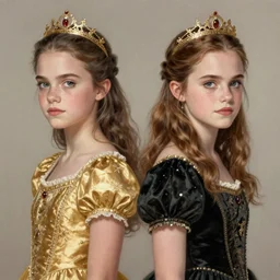 annasophia robb emma watson symmetrical portrait as young princess, golden and black dress, intricate, elegant, highly detailed, digital painting, artstation, concept art, sharp focus, illustration, art by aleksi briclot, rutkowski