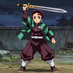 full body shot of He-man raising a sword, still from Demon Slayer (2021) anime, 4k,