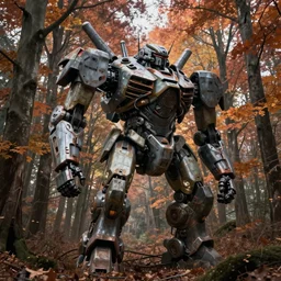 hyper realistic photography of abandoned ruined giant mecha in the autumn forest brom, mucha, moebius, craig mullins, juan gimenez