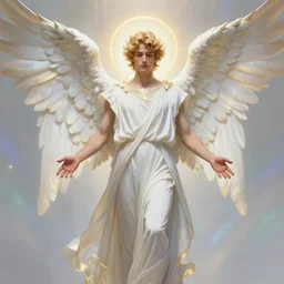 fullbody portrait of a beautiful young fit male angel with curly blond hairs, serene face, open hands, dressed with long fluent clothes, majestic symmetrical eagle wings, luminous halo, by greg rutkowski and alphonse mucha, gradient white to gold, in front of an iridescent background, highly detailed portrait, digital painting, artstation, concept art, smooth, sharp focus illustration
