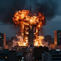 a large fire explosion in futuristic building in a busy city, realistic photo, large depth of field, night time, trending on artstation