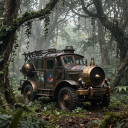magnificent steampunk vehicle abandoned in lush forest with vines hanging from tree branches, fog, desaturated, beautiful, creepy ambiance, 4k, sharp focus, highly detailed