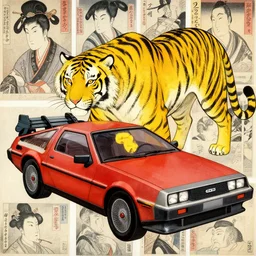 a red delorean with a giant yellow tiger, art by hsiao - ron cheng and utagawa kunisada in a magazine collage, # de 9 5 f 0